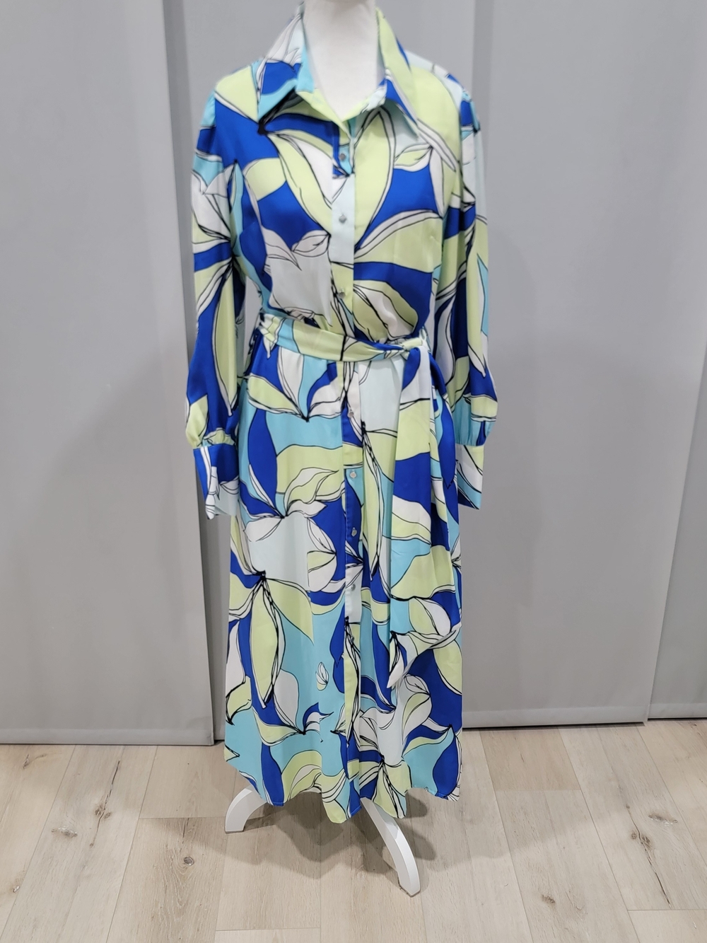 Joseph Ribkoff Blue, Lime & White Floral Maxi Shirt Dress